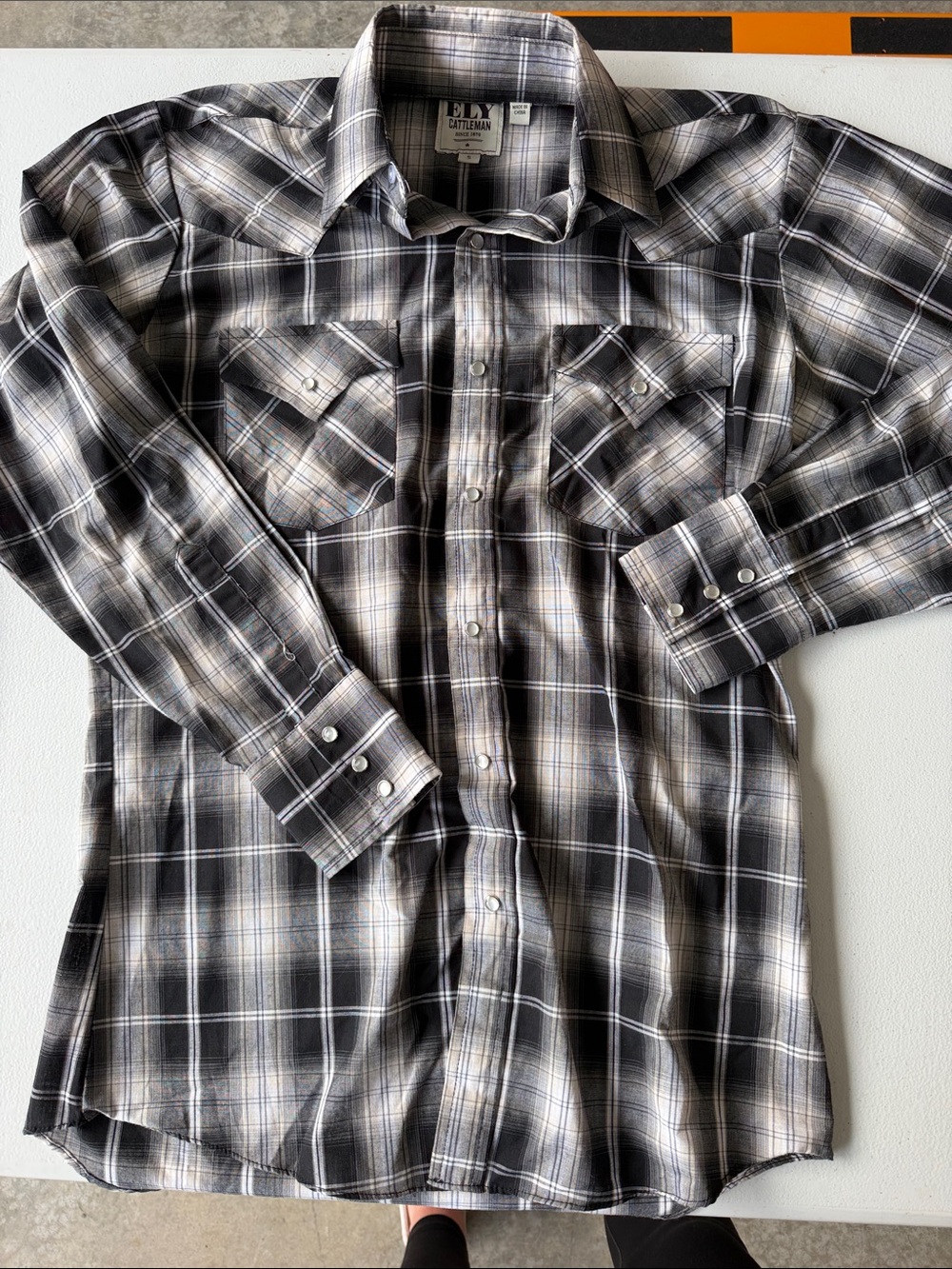 Ely Cattleman Black and Gray Plaid Pearl Western Snap Shirt